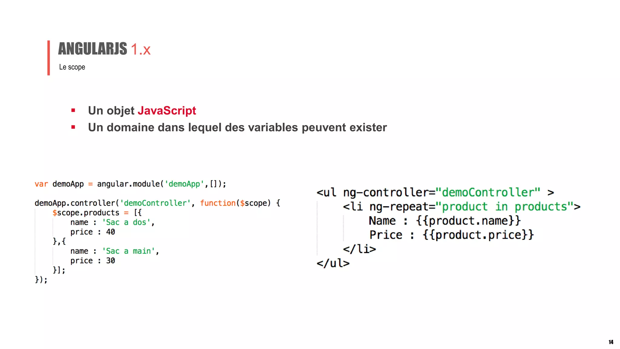  Un objet JavaScript
 Un domaine dans lequel des variables peuvent exister
Le scope
ANGULARJS 1.x
14
 