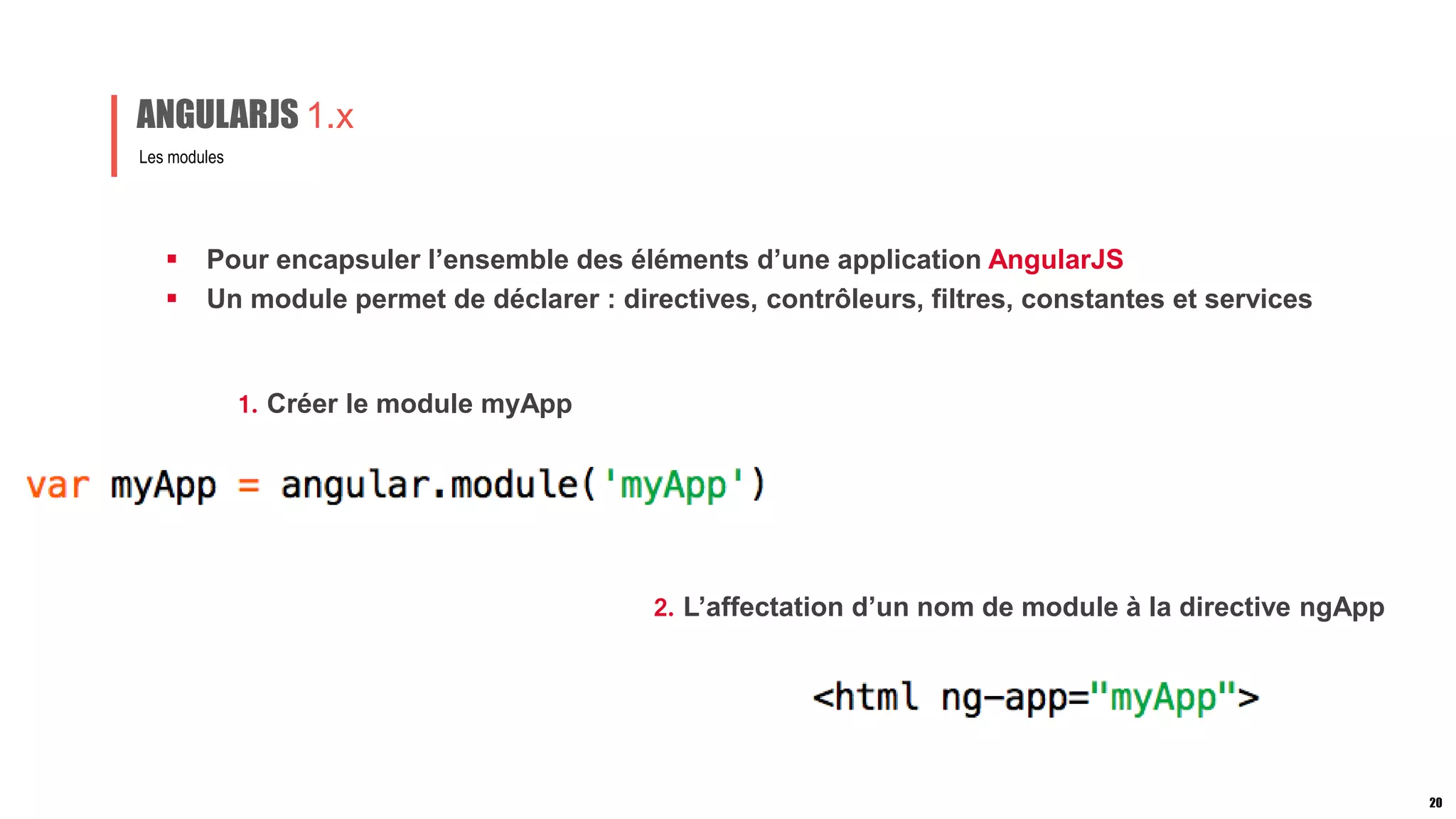  Pour encapsuler l’ensemble des éléments d’une application AngularJS
 Un module permet de déclarer : directives, contrôleurs, filtres, constantes et services
Les modules
ANGULARJS 1.x
1. Créer le module myApp
2. L’affectation d’un nom de module à la directive ngApp
20
 