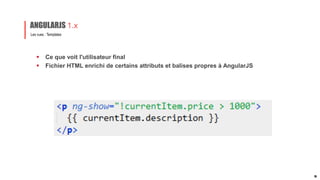  Ce que voit l'utilisateur final
 Fichier HTML enrichi de certains attributs et balises propres à AngularJS
Les vues : Templates
ANGULARJS 1.x
15
 