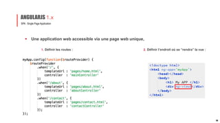  Une application web accessible via une page web unique,
SPA : Single Page Application
ANGULARJS 1.x
1. Définir les routes : 2. Définir l’endroit où se “rendra” la vue :
26
 
