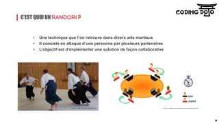 C’EST QUOI UN RANDORI ?
Source de l’image : http://blog.valtech.fr/2008/03/25/coding-dojo-ruby/Source de l’image : http://blog.aikidojournal.com
• Une technique que l’on retrouve dans divers arts martiaux
• Il consiste en attaque d’une personne par plusieurs partenaires
• L’objectif est d’implémenter une solution de façon collaborative
29
 