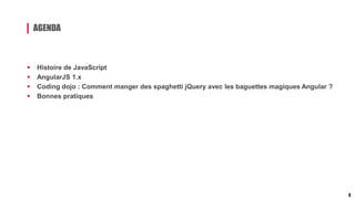 AGENDA
3
 Histoire de JavaScript
 AngularJS 1.x
 Coding dojo : Comment manger des spaghetti jQuery avec les baguettes magiques Angular ?
 Bonnes pratiques
 