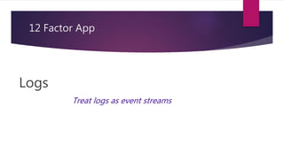 12 Factor App
Logs
Treat logs as event streams
 