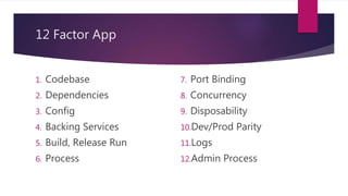 12 Factor App
1. Codebase
2. Dependencies
3. Config
4. Backing Services
5. Build, Release Run
6. Process
7. Port Binding
8. Concurrency
9. Disposability
10.Dev/Prod Parity
11.Logs
12.Admin Process
 
