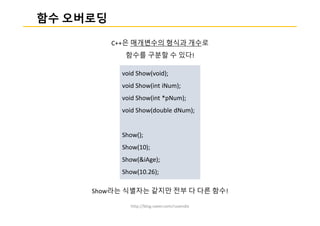 http://blog.naver.com/ruvendix
함수 오버로딩
C++은 매개변수의 형식과 개수로
함수를 구분할 수 있다!
Show라는 식별자는 같지만 전부 다 다른 함수!
void Show(void);
void Show(int iNum);
void Show(int *pNum);
void Show(double dNum);
Show();
Show(10);
Show(&iAge);
Show(10.26);
 