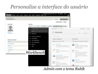 Workbench
Admin com o tema Rubik
Personalize a interface do usuário
 