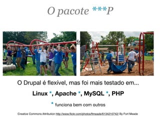 http://drupal.org/requirements
Creative Commons Attribution http://www.ﬂickr.com/photos/ftmeade/6134210742/ By Fort Meade
O pacote ***P
O Drupal é ﬂexível, mas foi mais testado em...
Linux *, Apache *, MySQL *, PHP
* funciona bem com outros
 