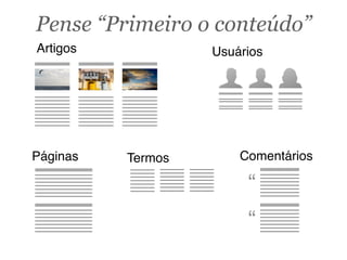 Pense “Primeiro o conteúdo”
Artigos Usuários
Páginas Comentários
“
“
Termos
 