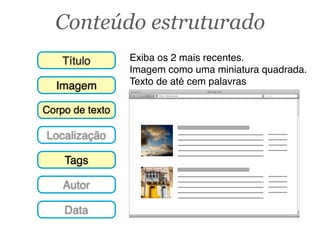 Conteúdo estruturado
Imagem
Título
Localização
Tags
Corpo de texto
Autor
Data
Googlehttp://domain.com
Web Page Title
Exiba os 2 mais recentes.
Imagem como uma miniatura quadrada.
Texto de até cem palavras
 