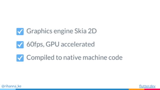 Graphics engine Skia 2D
60fps, GPU accelerated
Compiled to native machine code
@rihanna_ke ﬂutter.dev
 