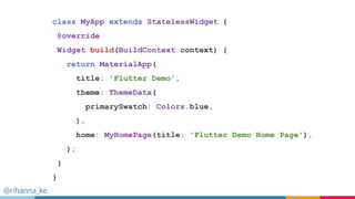 class MyApp extends StatelessWidget {
@override
Widget build(BuildContext context) {
return MaterialApp(
title: 'Flutter Demo',
theme: ThemeData(
primarySwatch: Colors.blue,
),
home: MyHomePage(title: 'Flutter Demo Home Page'),
);
}
}
@rihanna_ke
 