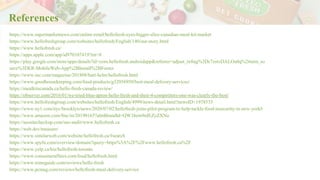 References
https://www.supermarketnews.com/online-retail/hellofresh-eyes-bigger-slice-canadian-meal-kit-market
https://www.hellofreshgroup.com/websites/hellofresh/English/140/our-story.html
https://www.hellofresh.ca/
https://apps.apple.com/app/id970107419?mt=8
https://play.google.com/store/apps/details?id=com.hellofresh.androidapp&referrer=adjust_reftag%3Dc7zstvDALOu0q%26utm_so
urce%3DER-MobileWeb-App%2BInstall%2BFooter
https://www.inc.com/magazine/201808/burt-helm/hellofresh.html
https://www.goodhousekeeping.com/food-products/g32056950/best-meal-delivery-services/
https://mealkitscanada.ca/hello-fresh-canada-review/
https://observer.com/2016/01/we-tried-blue-apron-hello-fresh-and-their-4-competitors-one-was-clearly-the-best/
https://www.hellofreshgroup.com/websites/hellofresh/English/4999/news-detail.html?newsID=1978535
https://www.ny1.com/nyc/brooklyn/news/2020/07/02/hellofresh-joins-pilot-program-to-help-tackle-food-insecurity-in-new-york#
https://www.amazon.com/fmc/m/20190165?almBrandId=QW1hem9uIEZyZXNo
https://seositecheckup.com/seo-audit/www.hellofresh.ca
https://web.dev/measure/
https://www.similarweb.com/website/hellofresh.ca/#search
https://www.spyfu.com/overview/domain?query=https%3A%2F%2Fwww.hellofresh.ca%2F
https://www.yelp.ca/biz/hellofresh-toronto
https://www.consumeraffairs.com/food/hellofresh.html
https://www.tomsguide.com/reviews/hello-fresh
https://www.pcmag.com/reviews/hellofresh-meal-delivery-service
 