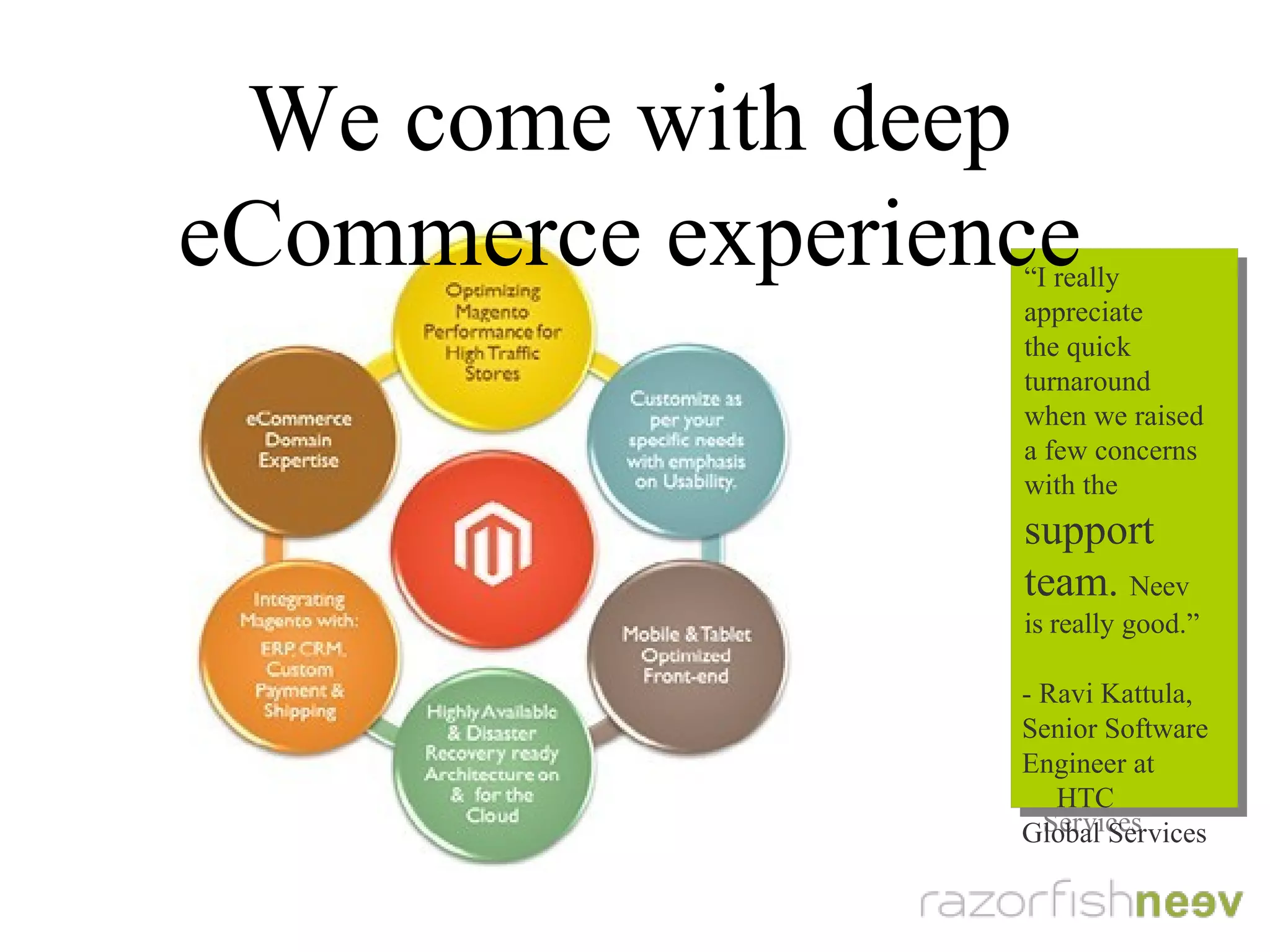We come with deep e-commerce experience
“I really appreciate
the quick
turnaround when
we raised a few
concerns with the
support team.
Neev is really
good.”
- Ravi Kattula,
Senior Software
Engineer at HTC
Global Services
“I really appreciate
the quick
turnaround when
we raised a few
concerns with the
support team.
Neev is really
good.”
- Ravi Kattula,
Senior Software
Engineer at HTC
Global Services
 