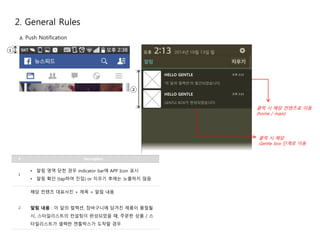 a. Push Notification 
클릭 시 해당 컨텐츠로 이동 
(home / main) 
클릭 시 해당 
Gentle box 단계로 이동 
2. General Rules 
1 
HELLO GENTLE 
‘이 달의 컬렉션’이 발간되었습니다. 
오후 2:13 
2 
HELLO GENTLE 
GENTLE BOX가 완성되었습니다. 
오후 2:13 
# Description 
1 
• 알림 영역 닫힌 경우 indicator bar에 APP Icon 표시 
• 알림 확인 (tap하여 진입) or 지우기 후에는 노출하지 않음 
2 
해당 컨텐츠 대표사진 + 제목 + 알림 내용 
알림 내용 : 이 달의 컬렉션, 장바구니에 담겨진 제품이 품절될 
시, 스타일리스트의 컨설팅이 완성되었을 때, 주문한 상품 / 스 
타일리스트가 셀렉한 젠틀박스가 도착할 경우 
 