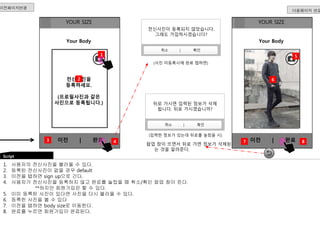 이전페이지연P결W 
Script 
다음페이지 연결 
YOUR SIZE 
Your Body 
전신사진을 
등록하세요. 
(프로필사진과 같은 
사진으로 등록됩니다.) 
이전 | 완료 
전신사진이 등록되지 않았습니다. 
그래도 가입하시겠습니다? 
취소 | 확인 
(사진 미등록시에 완료 탭하면) 
뒤로 가시면 입력된 정보가 삭제 
됩니다. 뒤로 가시겠습니까? 
취소 | 확인 
(입력한 정보가 있는데 뒤로를 눌렀을 시) 
팝업 창이 뜨면서 뒤로 가면 정보가 삭제된다 
는 것을 알려준다. 
1 
2 
3 4 
YOUR SIZE 
Your Body 
6 
5 
이전 | 완료 
1. 사용자의 전신사진을 불러올 수 있다. 
2. 등록된 전신사진이 없을 경우 default 
3. 이전을 탭하면 sign up으로 간다. 
4. 사용자가 전신사진을 등록하지 않고 완료를 눌렀을 때 취소/확인 팝업 창이 뜬다. 
**하지만 회원가입은 할 수 있다. 
5. 이미 등록된 사진이 있다면 사진을 다시 불러올 수 있다. 
6. 등록한 사진을 볼 수 있다 
7. 이전을 탭하면 body size로 이동한다. 
8. 완료를 누르면 회원가입이 완료된다. 
7 8 
 
