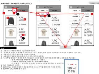# My Closet – 구매내역이 있고 카테고리 분리 전 
MY CLOSET 
ITEM OUTFIT 
A.P.C 
00,000원 
M / GREY 
A.P.C 
00,000원 
M / GREY 
1 2 
Script 
MY CLOSET 
ITEM OUTFIT 
A.P.C 
00,000원 
A.P.C 
00,000원 
M / GREY 
A.P.C 
00,000원 
M / GREY 
A.P.C 
00,000원 
TOPS 
BOTTOMS 
SHOES 
ACCESSARY 
1. 사용자가 구매한 상품들은 My closet에 담긴다. 
2. ‘> 버튼’을 탭하면 상품 종류의 카테고리가 나온다. 탭하면 버튼 모양은 아래방향 ‘v 버튼’으로 변경된다. ---> 5)번 
3. 사용자가 구입한 상품이 단품 이미지로 나온다. 
4. 사용자가 구입한 상품의 이름, 가격, 사이즈, 가격이 나온다. 
5. ‘> 버튼’을 탭하면 각 종류의 하위 카테고리가 나오며 탭하면 버튼 모양은 아래방향 ‘v 버튼’으로 변경된다. 
- 종류 카테고리를 보여주며 소분류로 또 나눠진다. 
- 대분류된 카테고리를 탭하면 ALL 모든 상품이 나온다. 
- 또 누를 때 그 탭의 색은 잠깐 색이 바뀌며 손가락을 떼면 다시 원 색상으로 돌아온다. ---> 7)번 
6. 하위 카테고리가 나온다. 
7. 탭하고 있는 상태에선 컬러가 조금 달라지고 다시 손가락을 떼면 원래 색으로 변한다. 
8. SWIPING UP / DOWN 할 수 있다. 
MY CLOSET 
ITEM OUTFIT 
A.P.C 
00,000원 
M / GREY 
A.P.C 
00,000원 
M / GREY 
A.P.C 
00,000원 
TOPS 
BOTTOMS 
SHOES 
ACCESSARY 
OUTER 
T-SHIRT 
SHIRT 
SWEATER 
3 
4 
5 
6 
탭할 시 
변경됨 
7 
8 
다음페이지 연결 
 