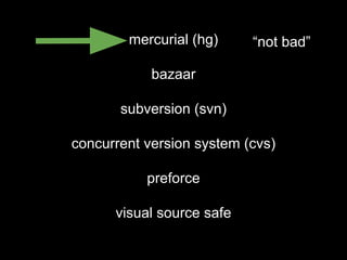 “not bad”mercurial (hg)
bazaar
subversion (svn)
concurrent version system (cvs)
preforce
visual source safe
 