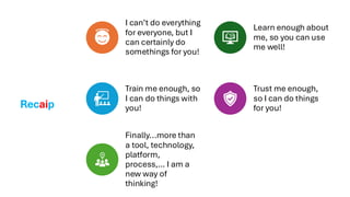 Recaip
I can’t do everything
for everyone, but I
can certainly do
somethings for you!
Learn enough about
me, so you can use
me well!
Train me enough, so
I can do things with
you!
Trust me enough,
so I can do things
for you!
Finally...more than
a tool, technology,
platform,
process,… I am a
new way of
thinking!
 