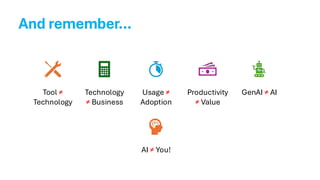 And remember…
Tool ≠
Technology
Technology
≠ Business
Usage ≠
Adoption
Productivity
≠ Value
GenAI ≠ AI
AI ≠ You!
 