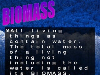 All living things as contain water. The total mass of a living thing not including the water is called its BIOMASS.  The biomass is made up of all the glucose made up by photosynthesis along with the other substances in the plant such as starch, cellulose fats and proteins. BIOMASS 