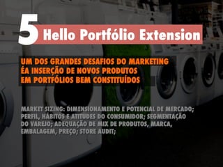 Hello Portfólio Extension5UM DOS GRANDES DESAFIOS DO MARKETING
ÉA INSERÇÃO DE NOVOS PRODUTOS
EM PORTFÓLIOS BEM CONSTITUÍDOS
MARKET SIZING: DIMENSIONAMENTO E POTENCIAL DE MERCADO;
PERFIL, HÁBITOS E ATITUDES DO CONSUMIDOR; SEGMENTAÇÃO
DO VAREJO; ADEQUAÇÃO DE MIX DE PRODUTOS, MARCA,
EMBALAGEM, PREÇO; STORE AUDIT;
 