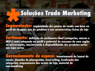 Soluções Trade Marketing
*Segmentação: segmentação dos pontos de venda com base no
perﬁl do shopper, mix de produtos e nas características físicas da loja
Sortimento: deﬁnição do sortimento ideal (categorias, marcas e
SKU’s) mais adequado ao perﬁl e potencial de consumo de uma região
ou microrregião, maximizando a disponibilidade dos produtos certos
nas lojas certas
Gerenciamento de espaço: levantamento de layout do
varejo, desenho do planograma, cross-selling, localização das
categorias, mapeamento das seções da loja, material de
merchandising
 