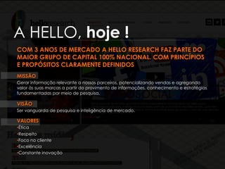 A HELLO, hoje !
COM 3 ANOS DE MERCADO A HELLO RESEARCH FAZ PARTE DO
MAIOR GRUPO DE CAPITAL 100% NACIONAL. COM PRINCÍPIOS
E PROPÓSITOS CLARAMENTE DEFINIDOS
MISSÃO
Gerar informação relevante a nossos parceiros, potencializando vendas e agregando
valor às suas marcas a partir do provimento de informações, conhecimento e estratégias
fundamentadas por meio de pesquisa.
VISÃO
Ser vanguarda de pesquisa e inteligência de mercado.
VALORES
• Ética
• Respeito
• Foco no cliente
• Excelência
• Constante inovação
 