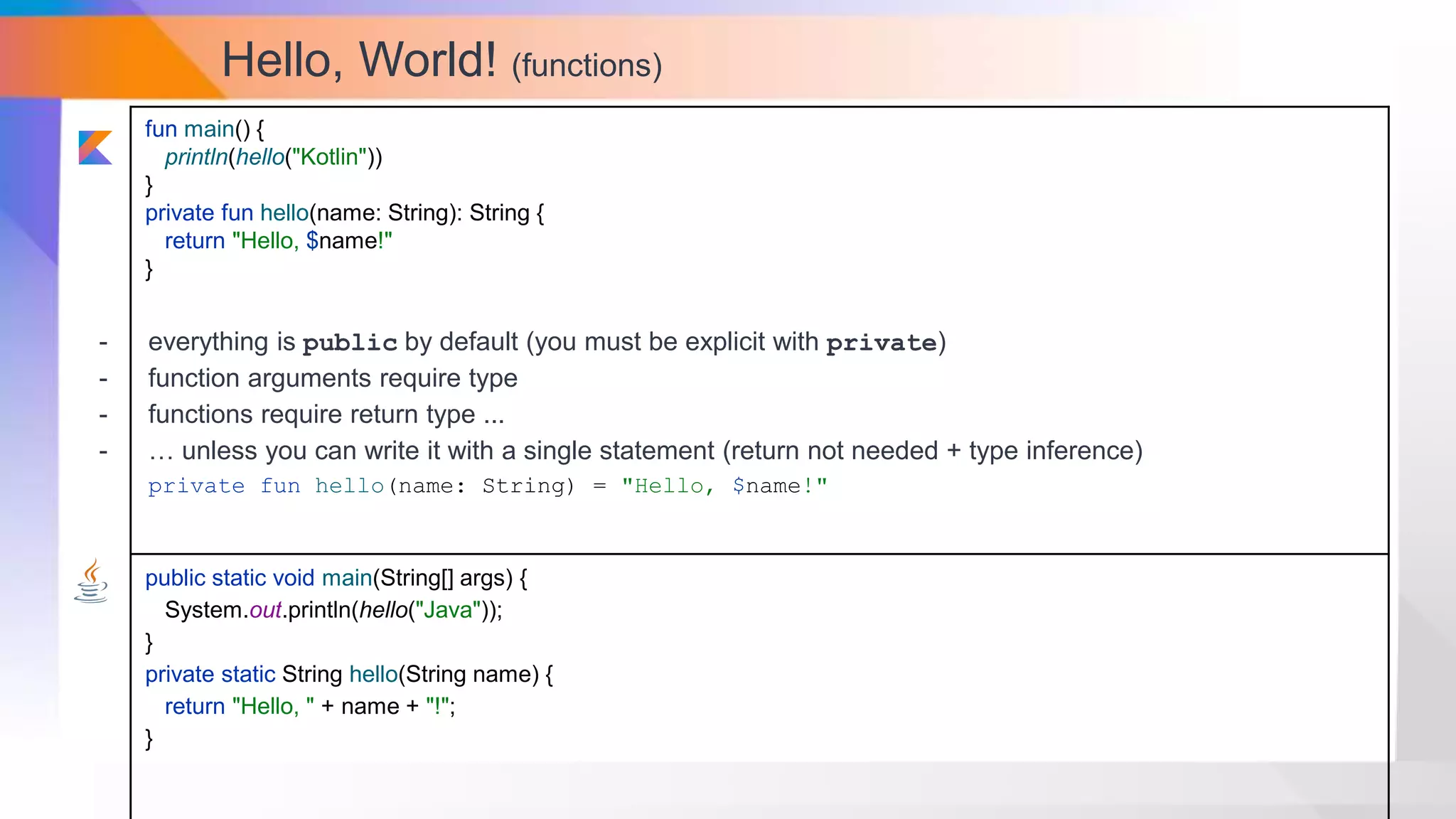 Hello, World! (functions)
fun main() {
println(hello("Kotlin"))
}
private fun hello(name: String): String {
return "Hello, $name!"
}
public static void main(String[] args) {
System.out.println(hello("Java"));
}
private static String hello(String name) {
return "Hello, " + name + "!";
}
- everything is public by default (you must be explicit with private)
- function arguments require type
- functions require return type ...
- … unless you can write it with a single statement (return not needed + type inference)
private fun hello(name: String) = "Hello, $name!"
 