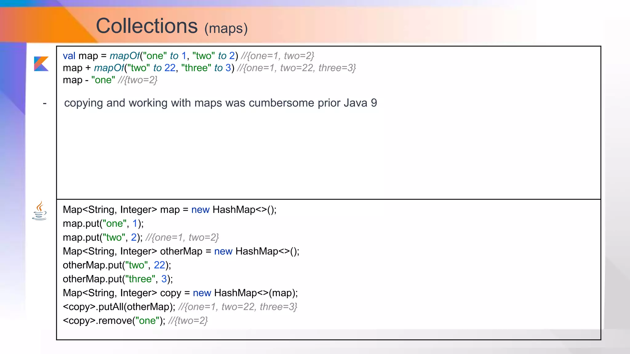Collections (maps)
val map = mapOf("one" to 1, "two" to 2) //{one=1, two=2}
map + mapOf("two" to 22, "three" to 3) //{one=1, two=22, three=3}
map - "one" //{two=2}
Map<String, Integer> map = new HashMap<>();
map.put("one", 1);
map.put("two", 2); //{one=1, two=2}
Map<String, Integer> otherMap = new HashMap<>();
otherMap.put("two", 22);
otherMap.put("three", 3);
Map<String, Integer> copy = new HashMap<>(map);
<copy>.putAll(otherMap); //{one=1, two=22, three=3}
<copy>.remove("one"); //{two=2}
- copying and working with maps was cumbersome prior Java 9
 