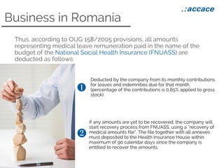 Business in Romania
Thus, according to OUG 158/2005 provisions, all amounts
representing medical leave remuneration paid in the name of the
budget of the National Social Health Insurance (FNUASS) are
deducted as follows:
Deducted by the company from its monthly contributions
for leaves and indemnities due for that month.
(percentage of the contributions is 0,85% applied to gross
stock)
If any amounts are yet to be recovered, the company will
start recovery process from FNUASS, using a “recovery of
medical amounts file”. The file together with all annexes
must deposited to the Health Insurance House within
maximum of 90 calendar days since the company is
entitled to recover the amounts.
 