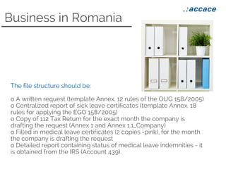 Business in Romania
The file structure should be:
o A written request (template Annex. 12 rules of the OUG 158/2005)
o Centralized report of sick leave certificates (template Annex. 18
rules for applying the EGO 158/2005)
o Copy of 112 Tax Return for the exact month the company is
drafting the request (Annex 1 and Annex 1.1_Company)
o Filled in medical leave certificates (2 copies -pink), for the month
the company is drafting the request
o Detailed report containing status of medical leave indemnities - it
is obtained from the IRS (Account 439).
 