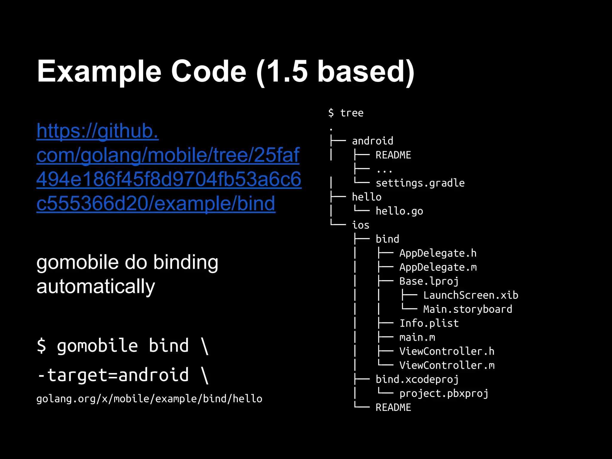 Example Code (1.5 based)
https://github.
com/golang/mobile/tree/25faf
494e186f45f8d9704fb53a6c6
c555366d20/example/bind
gomobile do binding
automatically
$ gomobile bind 
-target=android 
golang.org/x/mobile/example/bind/hello
$ tree
.
├── android
│ ├── README
├── ...
│ └── settings.gradle
├── hello
│ └── hello.go
└── ios
├── bind
│ ├── AppDelegate.h
│ ├── AppDelegate.m
│ ├── Base.lproj
│ │ ├── LaunchScreen.xib
│ │ └── Main.storyboard
│ ├── Info.plist
│ ├── main.m
│ ├── ViewController.h
│ └── ViewController.m
├── bind.xcodeproj
│ └── project.pbxproj
└── README
 