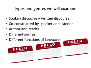 types and genres we will examineSpoken discourse – written discourseCo-constructed by speaker and listenerAuthor and readerDifferent genresDifferent functions of language