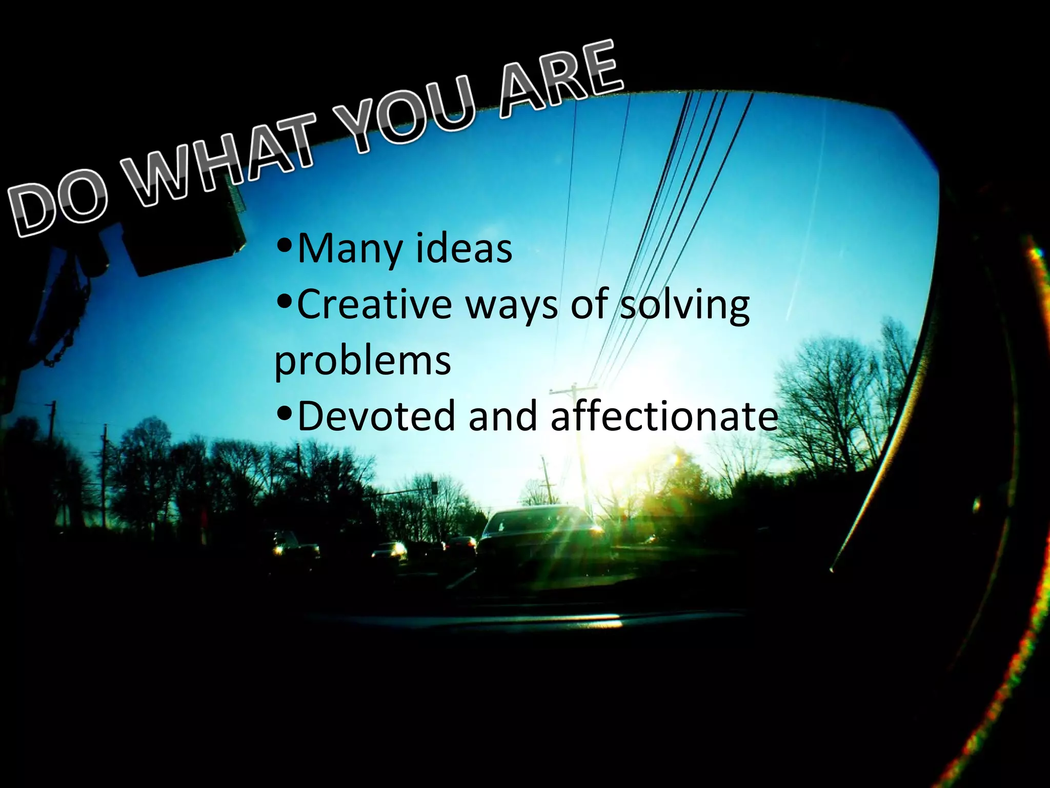 Many ideas Creative ways of solving problems Devoted and affectionate 