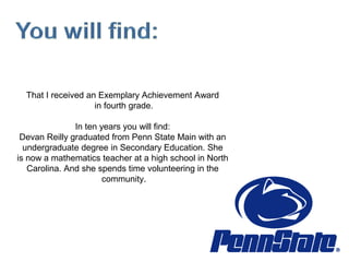 That I received an Exemplary Achievement Award
in fourth grade.
In ten years you will find:
Devan Reilly graduated from Penn State Main with an
undergraduate degree in Secondary Education. She
is now a mathematics teacher at a high school in North
Carolina. And she spends time volunteering in the
community.
 