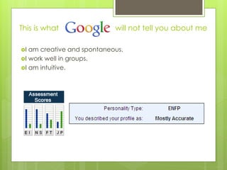 This is what                will not tell you about me

I am creative and spontaneous.
I work well in groups.
I am intuitive.
 