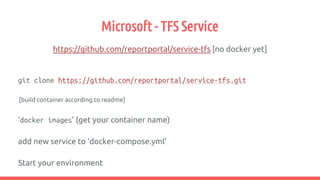 Microsoft - TFS Service
https://github.com/reportportal/service-tfs [no docker yet]
git clone https://github.com/reportportal/service-tfs.git
[build container according to readme]
‘docker images’ (get your container name)
add new service to ‘docker-compose.yml’
Start your environment
 