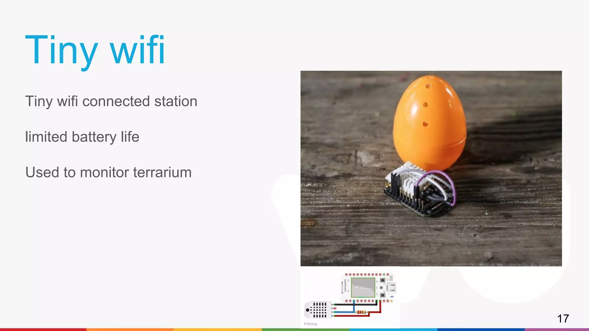 Tiny wifi
Tiny wifi connected station
limited battery life
Used to monitor terrarium
17
 