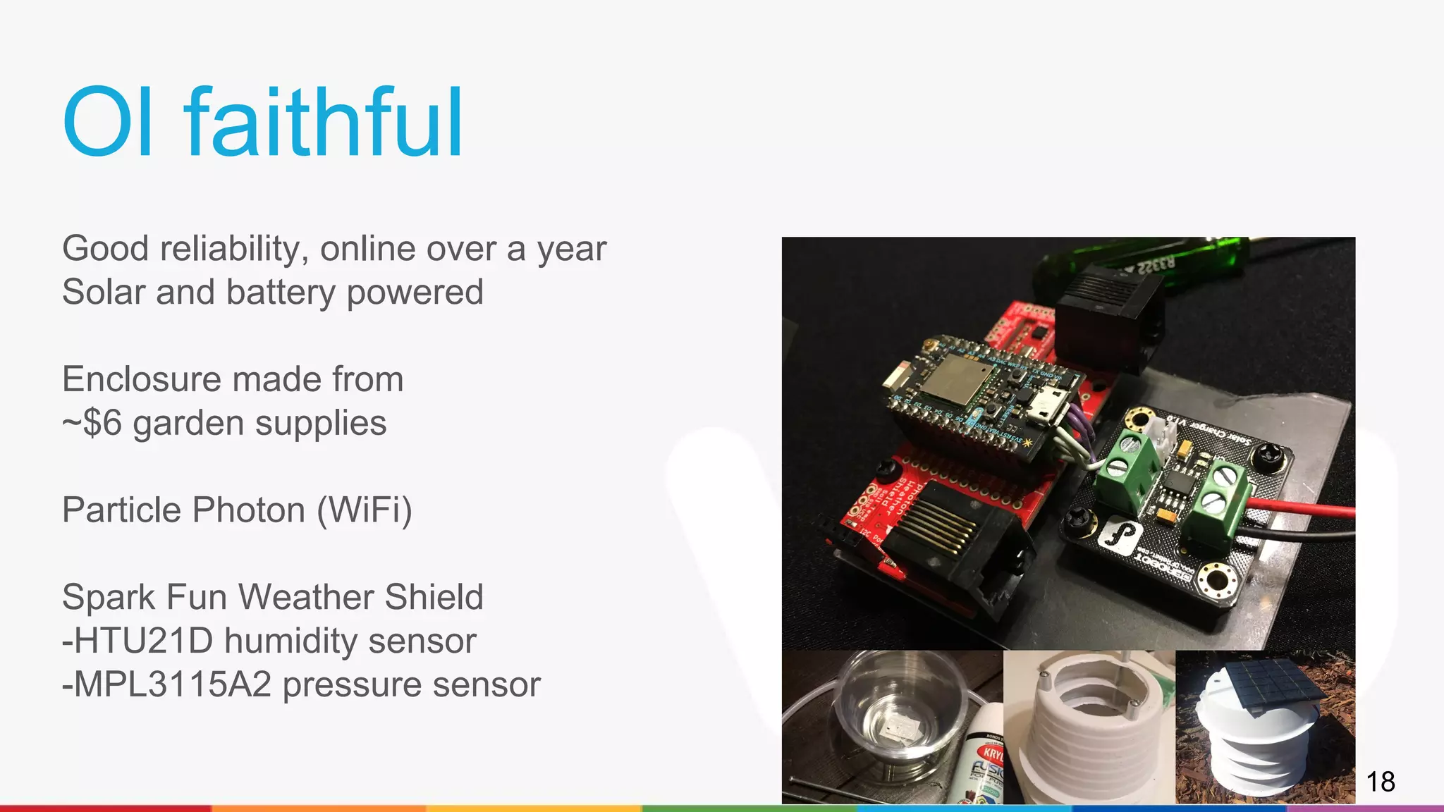 Ol faithful
Good reliability, online over a year
Solar and battery powered
Enclosure made from
~$6 garden supplies
Particle Photon (WiFi)
Spark Fun Weather Shield
-HTU21D humidity sensor
-MPL3115A2 pressure sensor
18
 