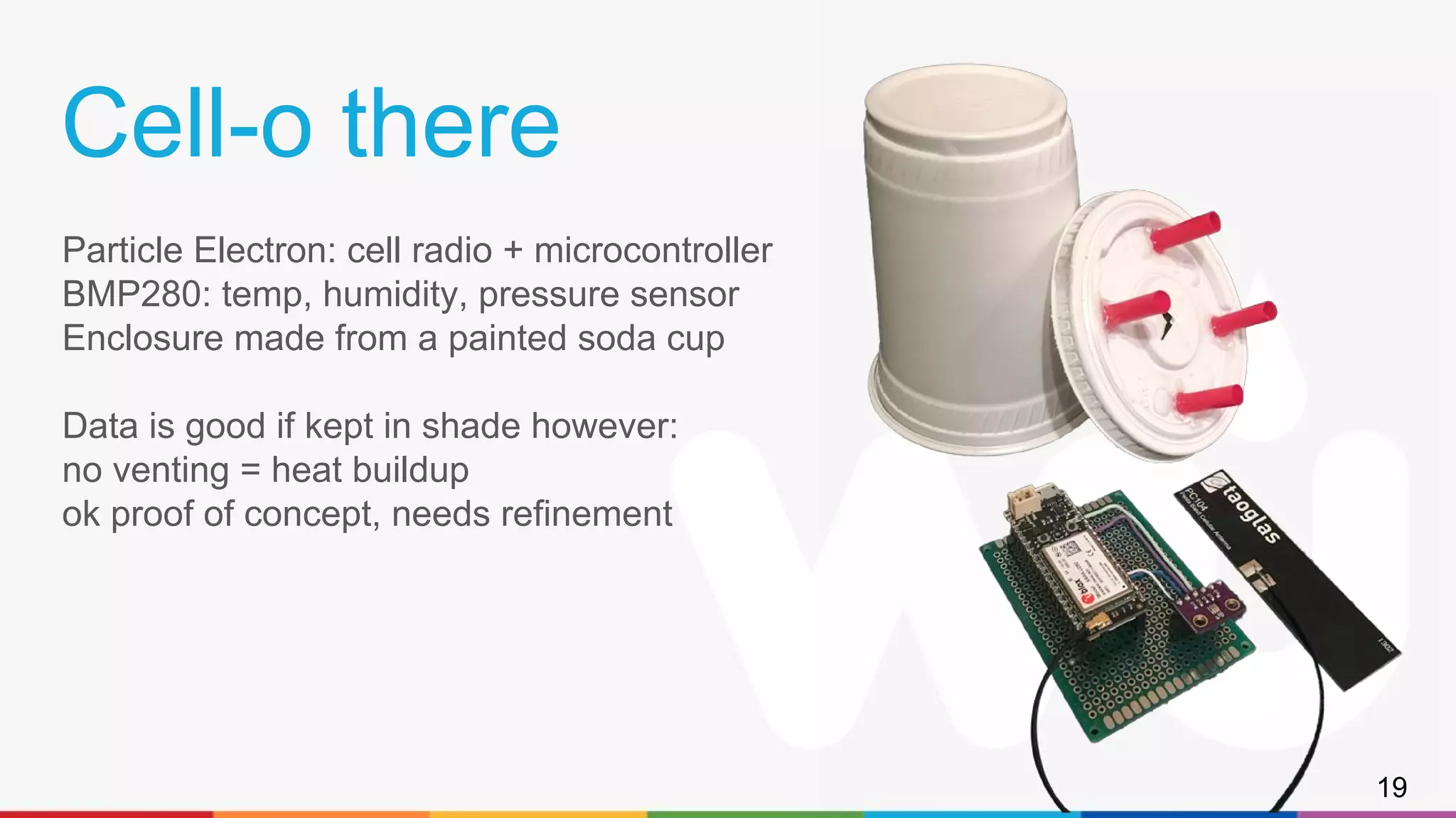 Cell-o there
Particle Electron: cell radio + microcontroller
BMP280: temp, humidity, pressure sensor
Enclosure made from a painted soda cup
Data is good if kept in shade however:
no venting = heat buildup
ok proof of concept, needs refinement
19
 