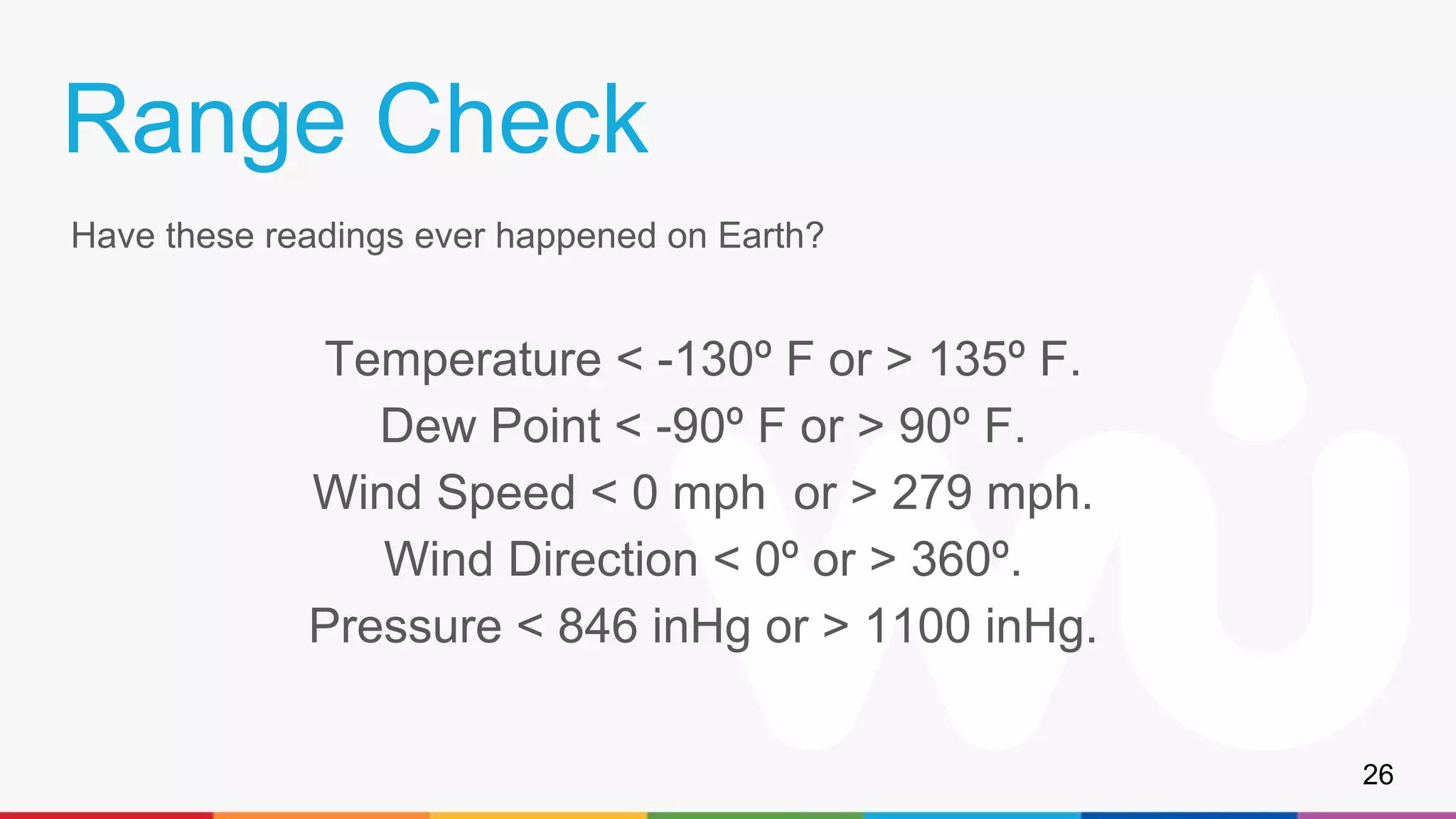 Range Check
Have these readings ever happened on Earth?
Temperature < -130º F or > 135º F.
Dew Point < -90º F or > 90º F.
Wind Speed < 0 mph or > 279 mph.
Wind Direction < 0º or > 360º.
Pressure < 846 inHg or > 1100 inHg.
26
 