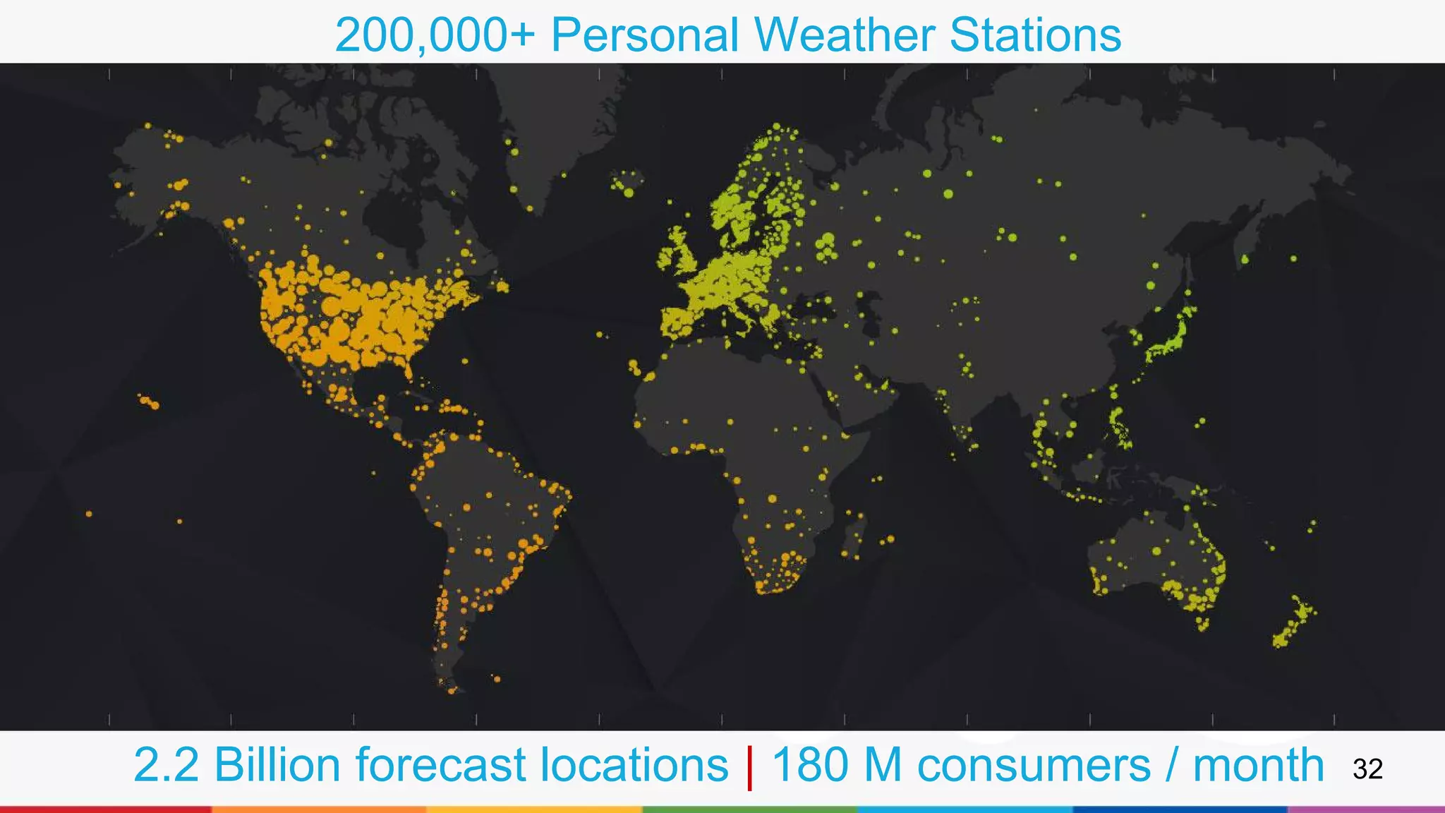 200,000+ Personal Weather Stations
2.2 Billion forecast locations | 180 M consumers / month 32
 