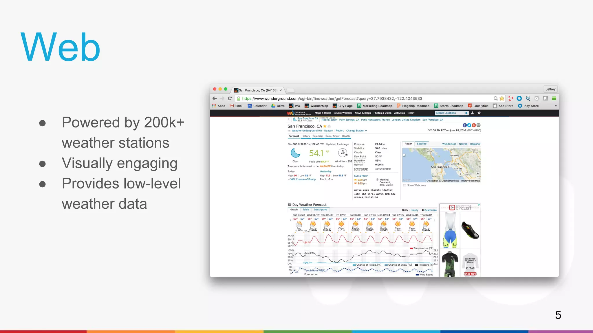 Web
● Powered by 200k+
weather stations
● Visually engaging
● Provides low-level
weather data
5
 