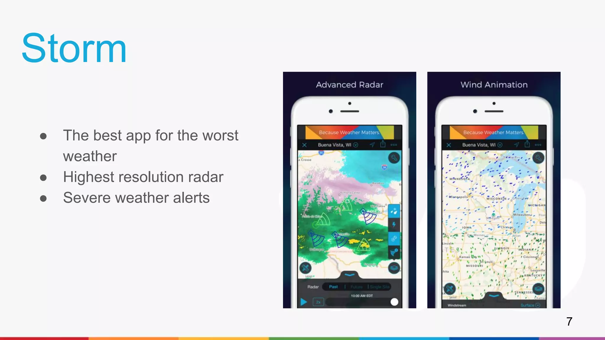 Storm
● The best app for the worst
weather
● Highest resolution radar
● Severe weather alerts
7
 