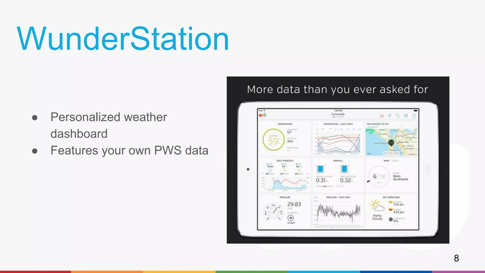 WunderStation
● Personalized weather
dashboard
● Features your own PWS data
8
 