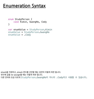 Enumeration Syntax
enum StudyPerson {
case Kimin, GwangHo, Cody
}
var enumValue = StudyPerson.Kimin
enumValue = StudyPerson.GwangHo
enumValue = .Cody
 