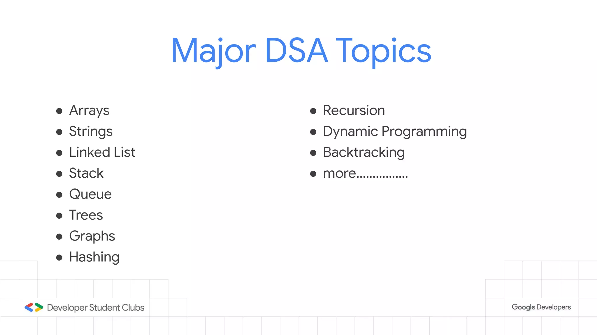 Major DSA Topics
● Arrays
● Strings
● Linked List
● Stack
● Queue
● Trees
● Graphs
● Hashing
● Recursion
● Dynamic Programming
● Backtracking
● more…………….
 