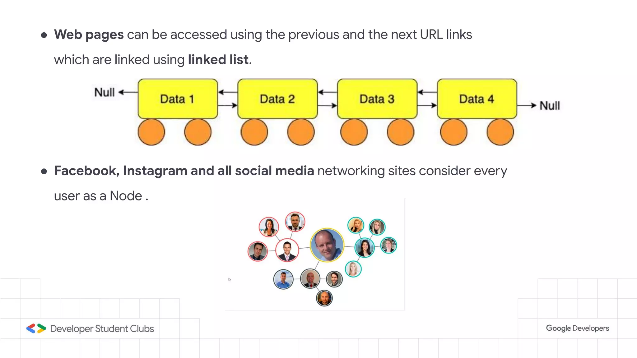 ● Web pages can be accessed using the previous and the next URL links
which are linked using linked list.
● Facebook, Instagram and all social media networking sites consider every
user as a Node .
 