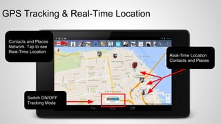 GPS Tracking & Real-Time Location
Contacts and Places
Network. Tap to see
Real-Time Location

Switch ON/OFF
Tracking Mode

Real-Time Location
Contacts and Places

 