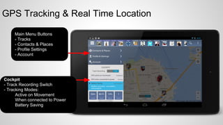 GPS Tracking & Real Time Location
Main Menu Buttons
- Tracks
- Contacts & Places
- Profile Settings
- Account

Cockpit
- Track Recording Switch
- Tracking Modes:
Active on Movement
When connected to Power
Battery Saving

 